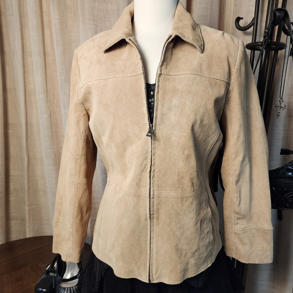 Bernardo Tan Genuine Suede Leather Zip Jacket Washable Tailored Y2K